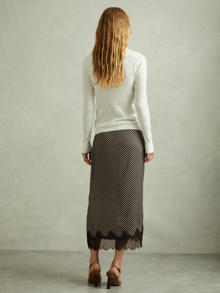 REISS Skirts Women Striped Lace Trim Midi Skirt Blackivory
