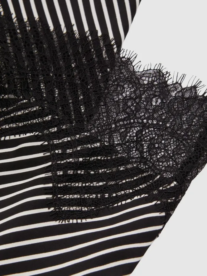 REISS Skirts Women Striped Lace Trim Midi Skirt Blackivory