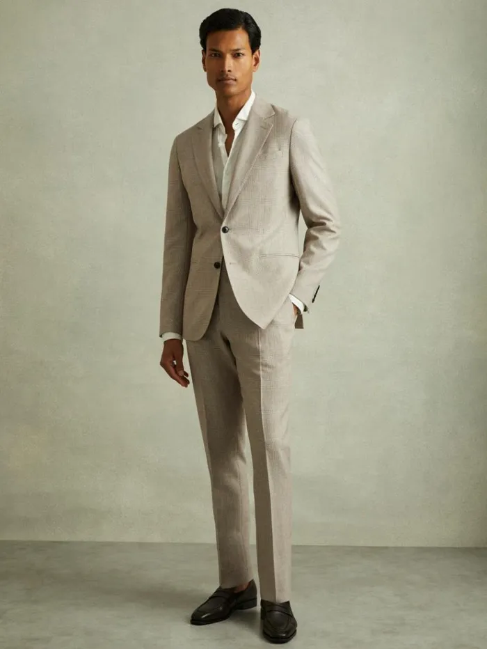 REISS Suits and Tailoring Men WoolLinen Checked Side Adjuster Modern Fit Trousers Oatmeal