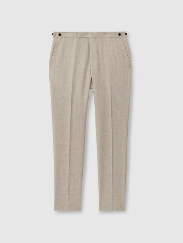 REISS Suits and Tailoring Men WoolLinen Checked Side Adjuster Modern Fit Trousers Oatmeal