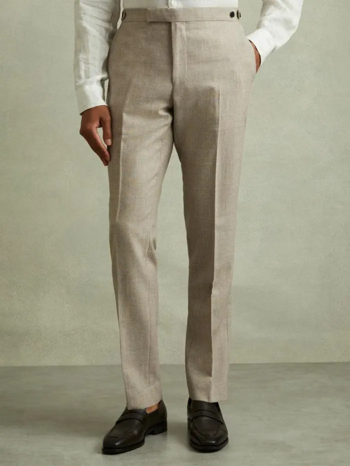 REISS Suits and Tailoring Men WoolLinen Checked Side Adjuster Modern Fit Trousers Oatmeal