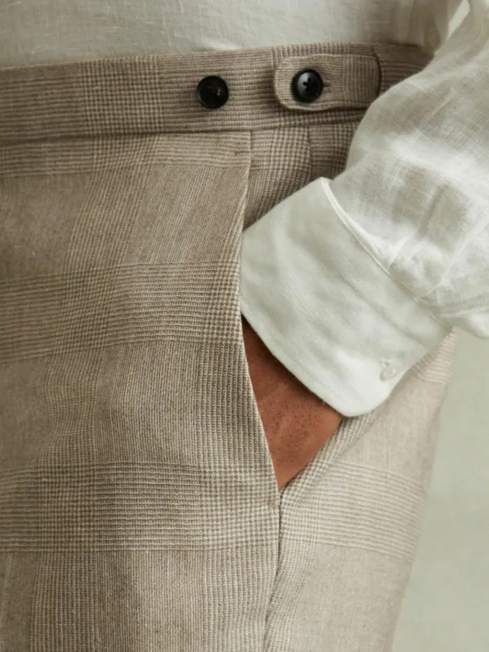 REISS Suits and Tailoring Men WoolLinen Checked Side Adjuster Modern Fit Trousers Oatmeal