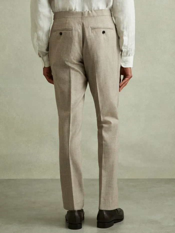 REISS Suits and Tailoring Men WoolLinen Checked Side Adjuster Modern Fit Trousers Oatmeal