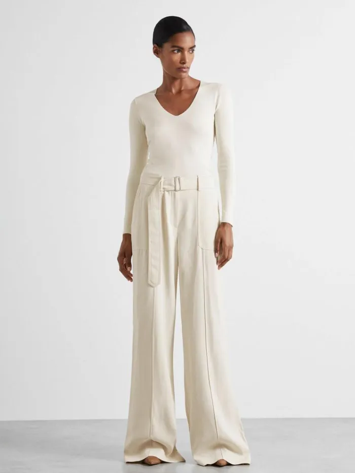 REISS Suits and Tailoring Women Atelier Wide Leg Crepe Trousers With Wool Ivory