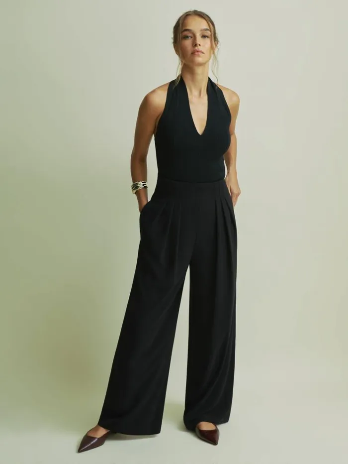 REISS Suits and Tailoring Women Florere Pleated Wide Leg Trousers Black