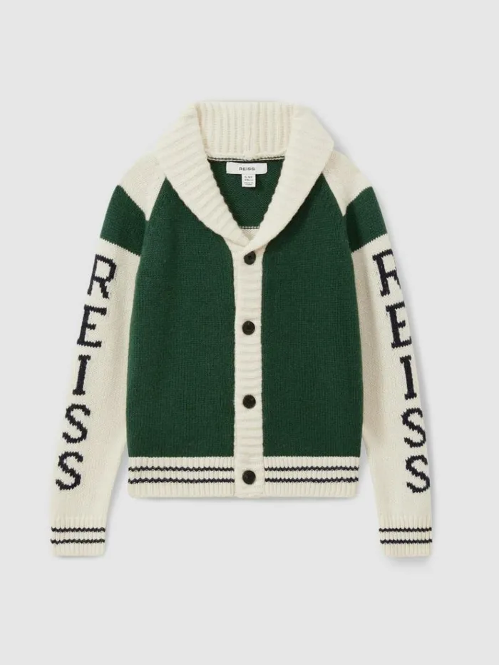 REISS Sweaters Children Knitted Varsity Cardigan Greenoffwhite