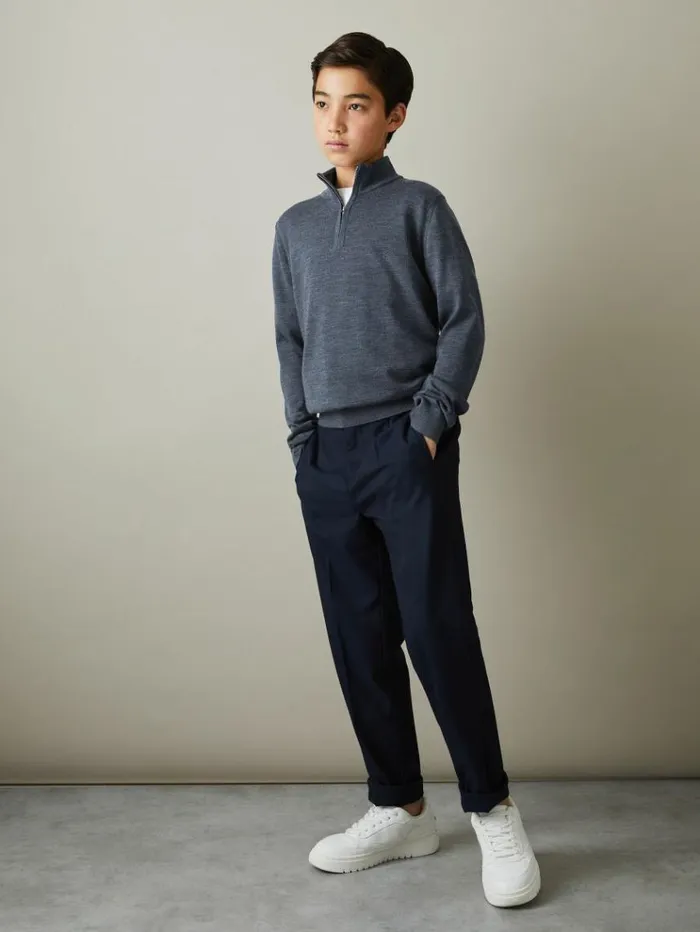 REISS Sweaters Children Merino Wool HalfZip Funnel Neck Jumper Dark Airforce Blue Melange