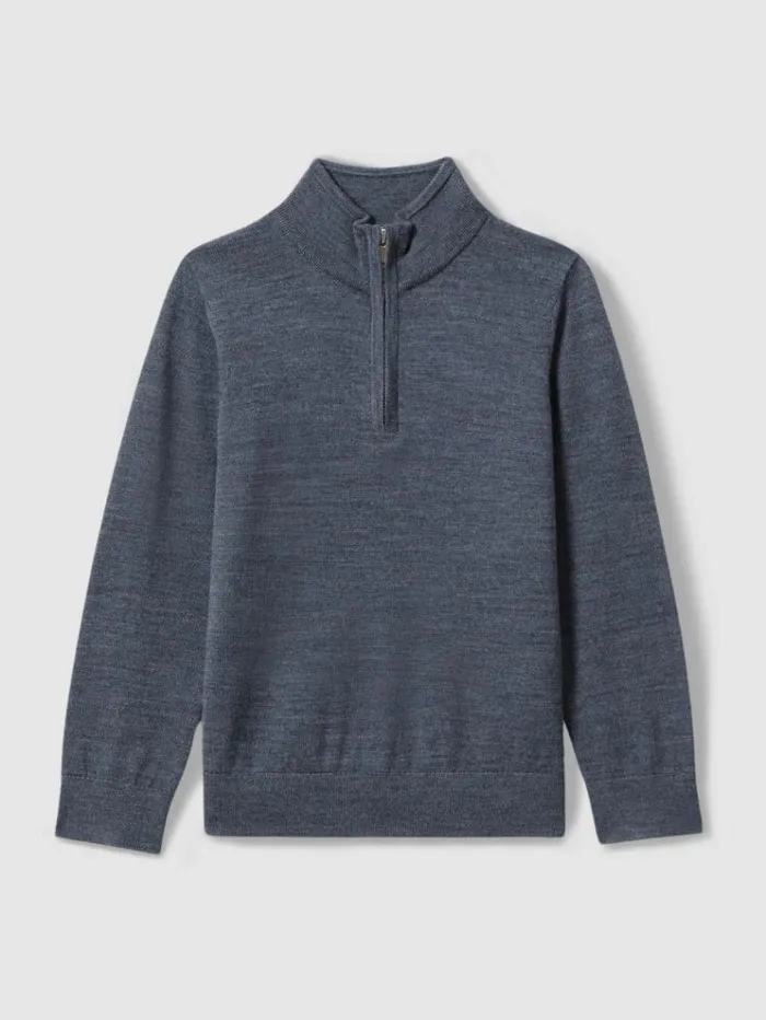 REISS Sweaters Children Merino Wool HalfZip Funnel Neck Jumper Dark Airforce Blue Melange