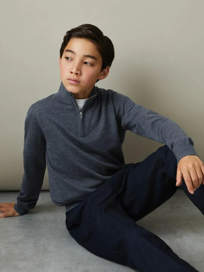 REISS Sweaters Children Merino Wool HalfZip Funnel Neck Jumper Dark Airforce Blue Melange