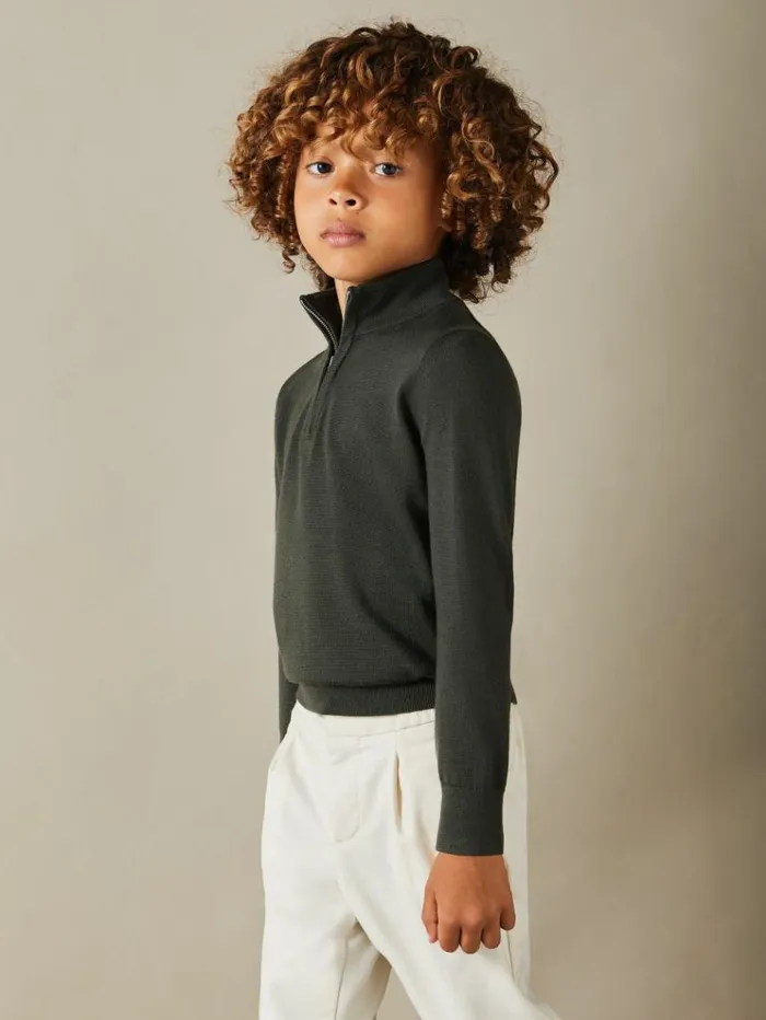 REISS Sweaters Children Merino Wool HalfZip Funnel Neck Jumper Dark Military Green REISS Sweaters Children Merino Wool HalfZip Funnel Neck Jumper Dark Military Green