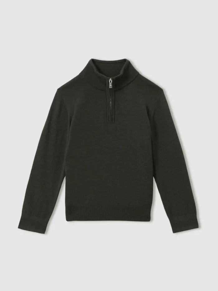 REISS Sweaters Children Merino Wool HalfZip Funnel Neck Jumper Dark Military Green