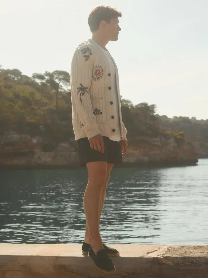 REISS Sweaters Men Ch Embroidered Cable Knit Cardigan Ecru