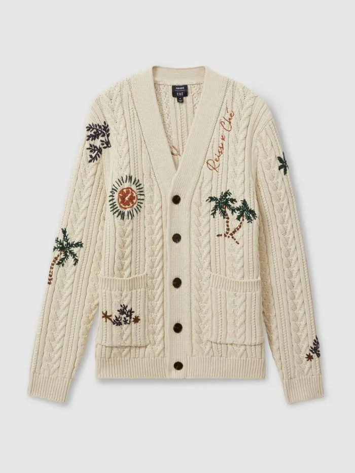 REISS Sweaters Men Ch Embroidered Cable Knit Cardigan Ecru