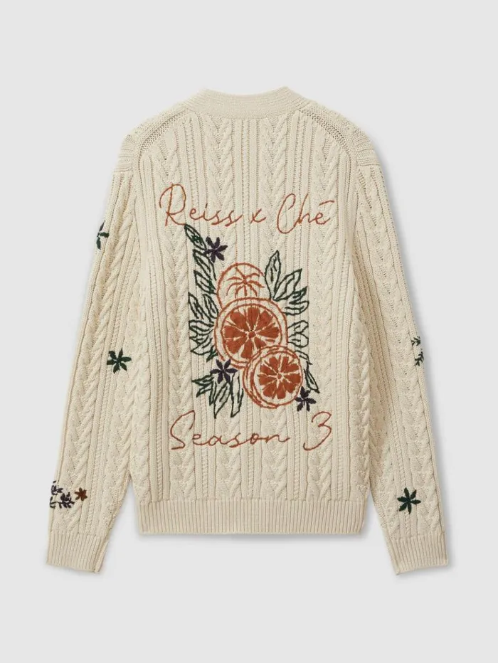 REISS Sweaters Men Ch Embroidered Cable Knit Cardigan Ecru