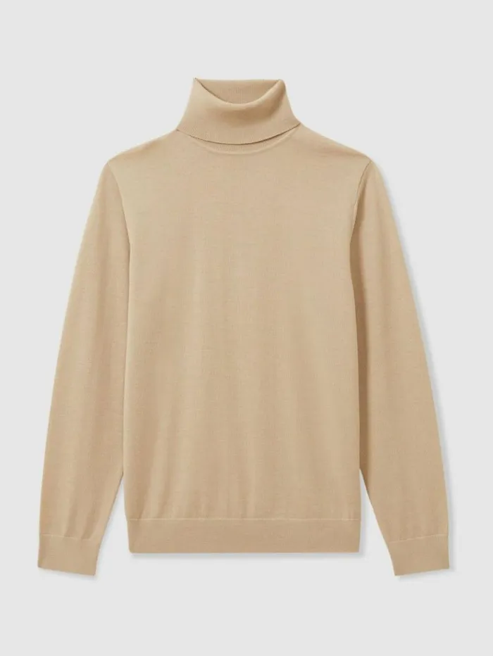 REISS Sweaters Men Merino Roll Neck Jumper Washed Stone
