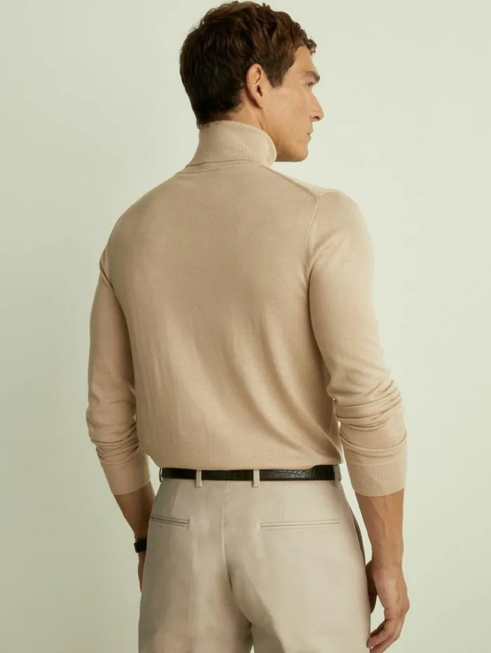 REISS Sweaters Men Merino Roll Neck Jumper Washed Stone