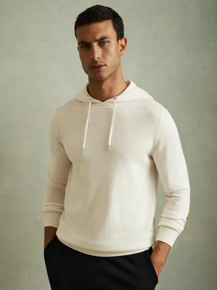 REISS Sweaters Men Merino Wool Drawstring Hoodie Snow