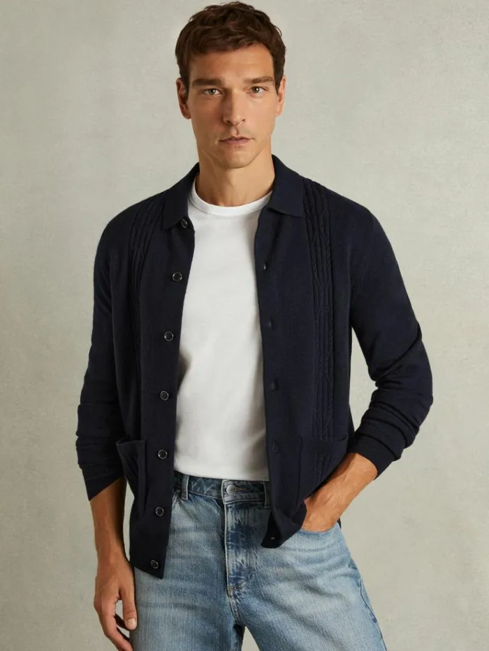 REISS Sweaters Men Wool Cabled Knitted Cardigan Navy