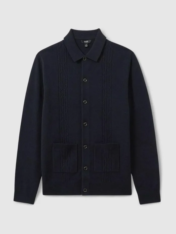 REISS Sweaters Men Wool Cabled Knitted Cardigan Navy