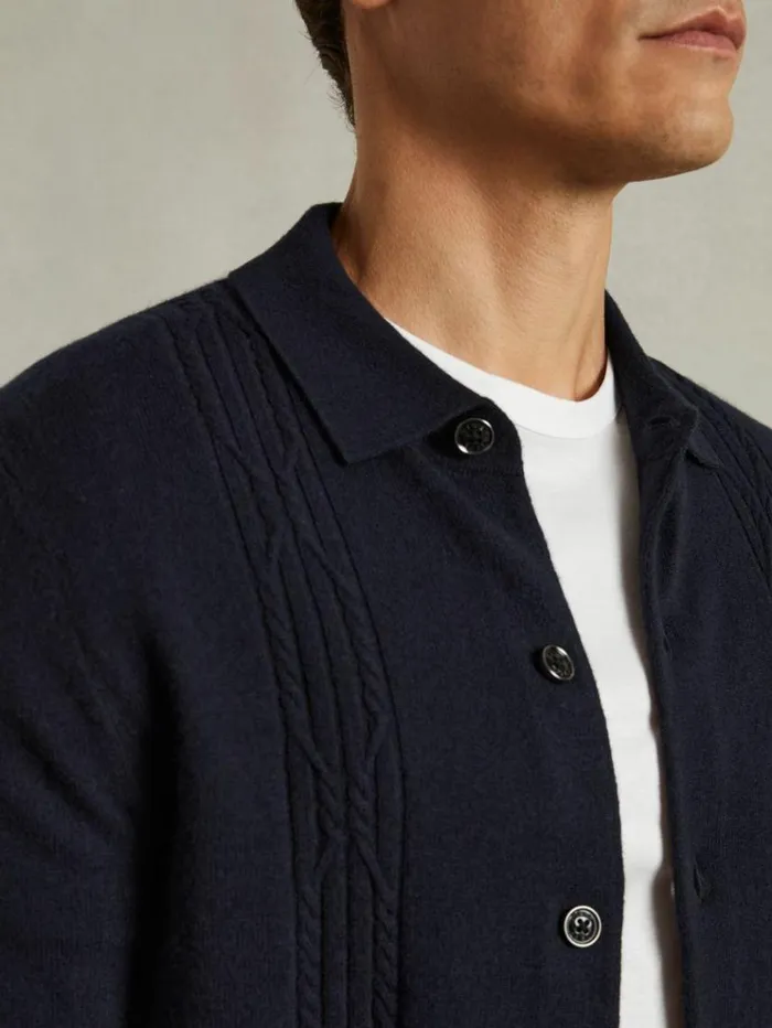REISS Sweaters Men Wool Cabled Knitted Cardigan Navy