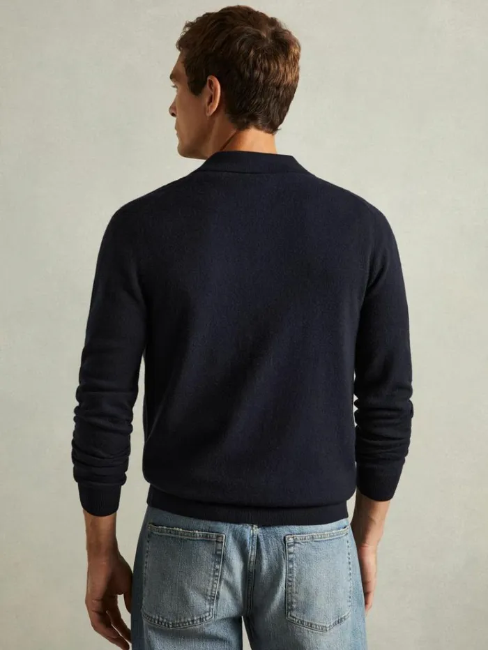REISS Sweaters Men Wool Cabled Knitted Cardigan Navy