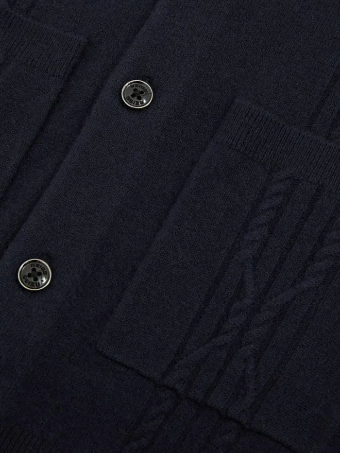 REISS Sweaters Men Wool Cabled Knitted Cardigan Navy