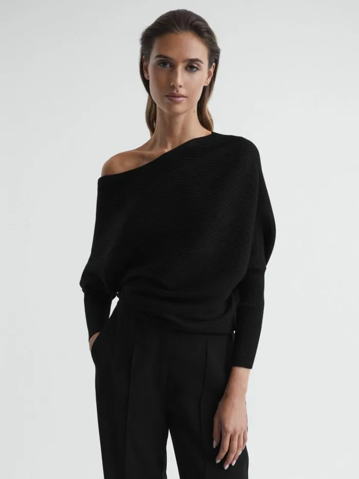 REISS Sweaters Women Asymmetric Draped Knitted Jumper Black