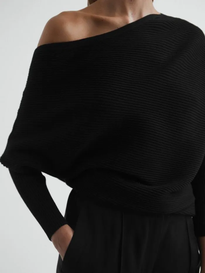 REISS Sweaters Women Asymmetric Draped Knitted Jumper Black