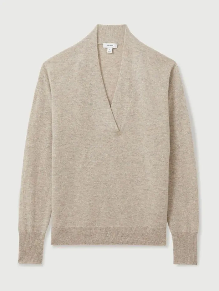 REISS Sweaters Women Cashmere VNeck Jumper Oatmeal