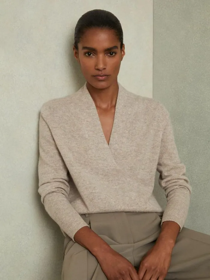 REISS Sweaters Women Cashmere VNeck Jumper Oatmeal
