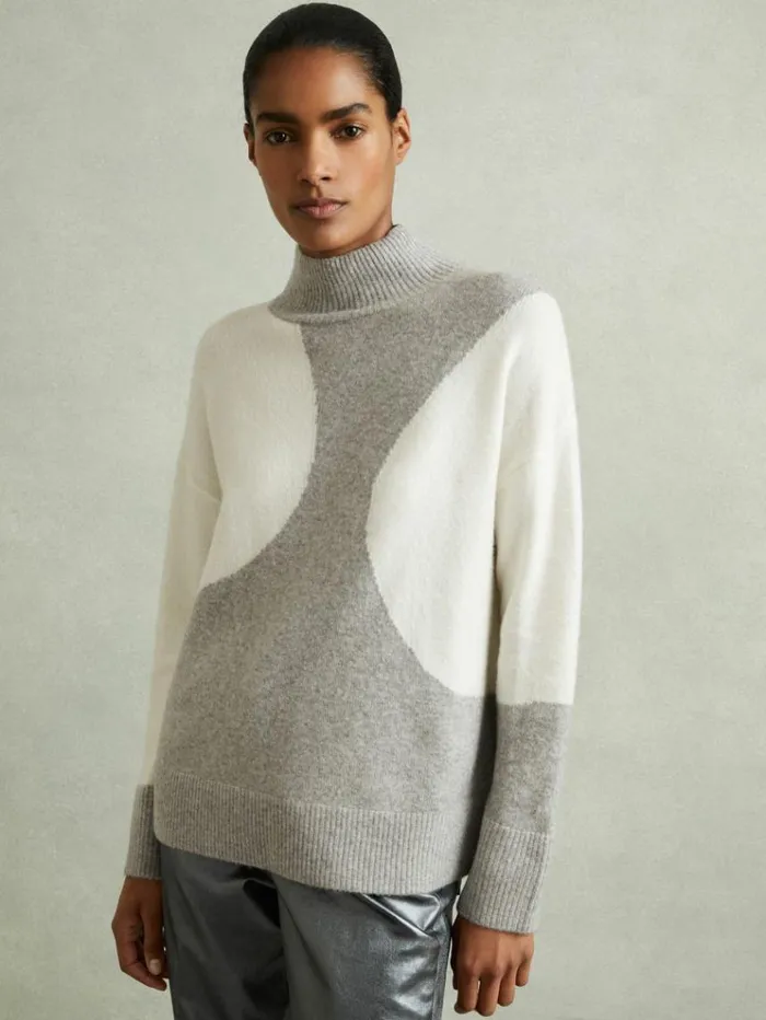 REISS Sweaters Women Colourblock Roll Neck Jumper Ivorygrey
