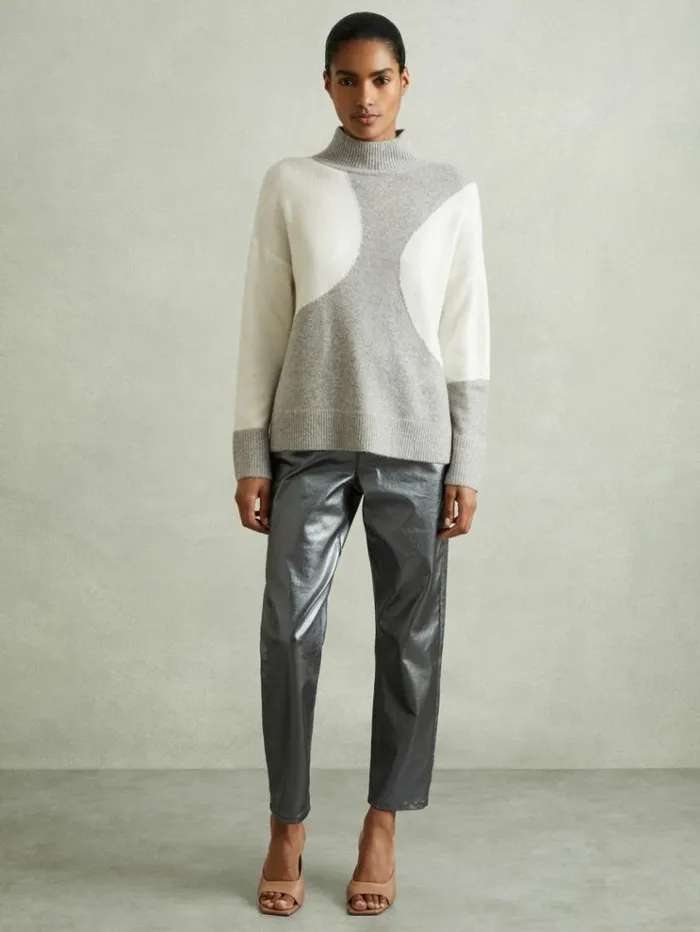 REISS Sweaters Women Colourblock Roll Neck Jumper Ivorygrey