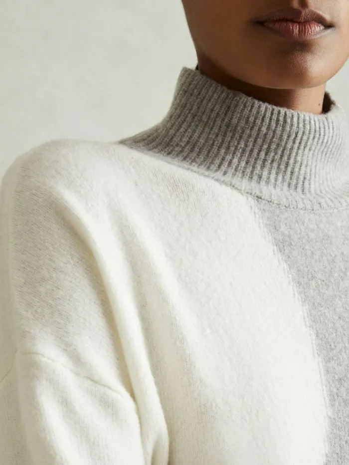 REISS Sweaters Women Colourblock Roll Neck Jumper Ivorygrey