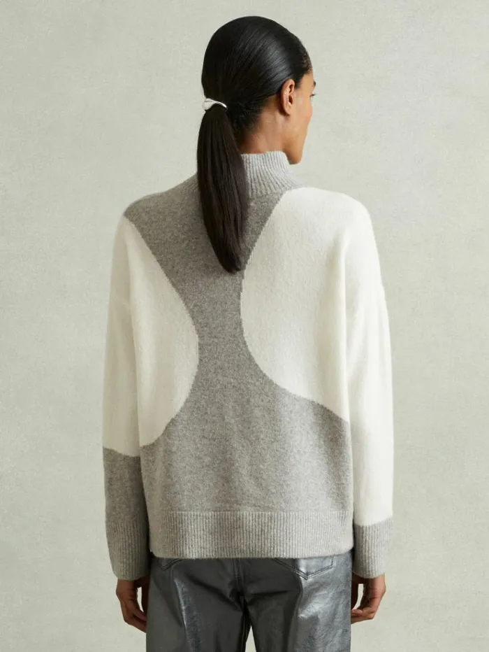 REISS Sweaters Women Colourblock Roll Neck Jumper Ivorygrey