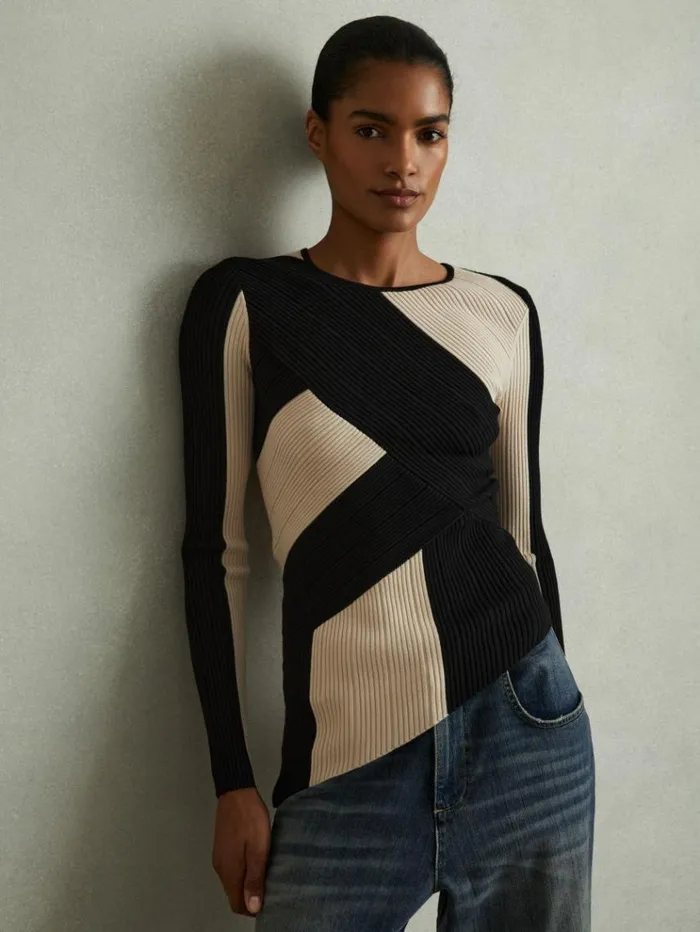 REISS Sweaters Women Knitted Colourblock Asymmetric Top Blackcamel