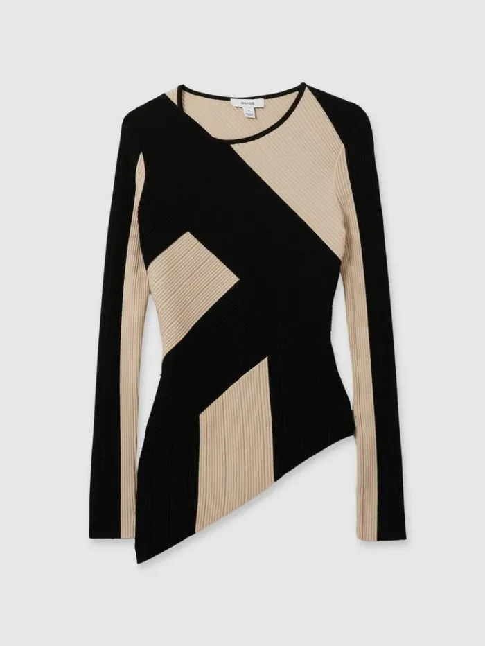 REISS Sweaters Women Knitted Colourblock Asymmetric Top Blackcamel