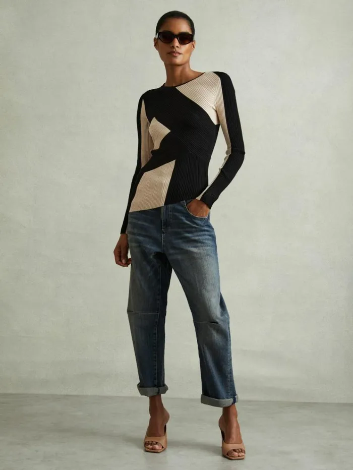REISS Sweaters Women Knitted Colourblock Asymmetric Top Blackcamel