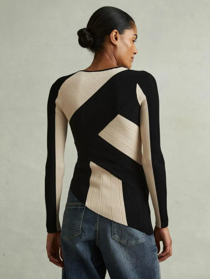 REISS Sweaters Women Knitted Colourblock Asymmetric Top Blackcamel