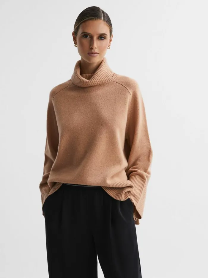 REISS Sweaters Women Relaxed WoolCashmere Blend Roll Neck Jumper Camel