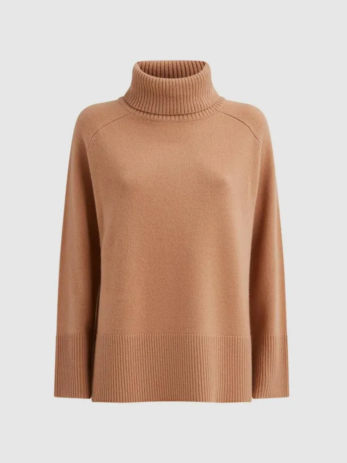 REISS Sweaters Women Relaxed WoolCashmere Blend Roll Neck Jumper Camel