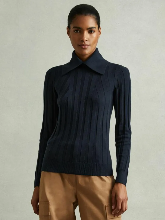REISS Sweaters Women Ribbed Collared Jumper Teal
