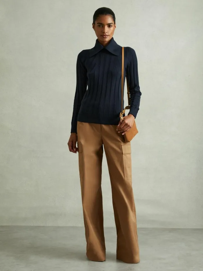 REISS Sweaters Women Ribbed Collared Jumper Teal