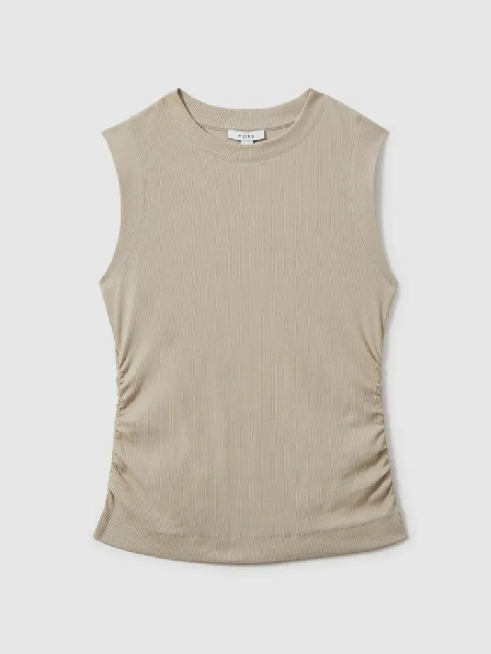 REISS Sweaters Women Ribbed Ruched Waist Vest Camel
