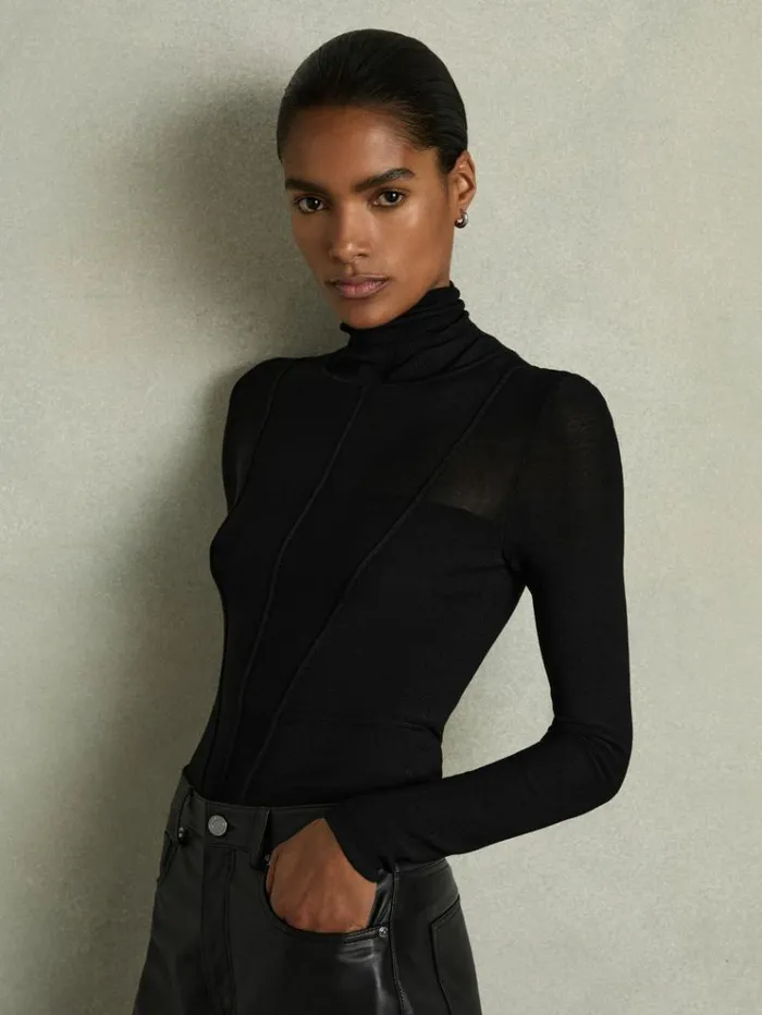 REISS Sweaters Women Seamed RollNeck Top Black