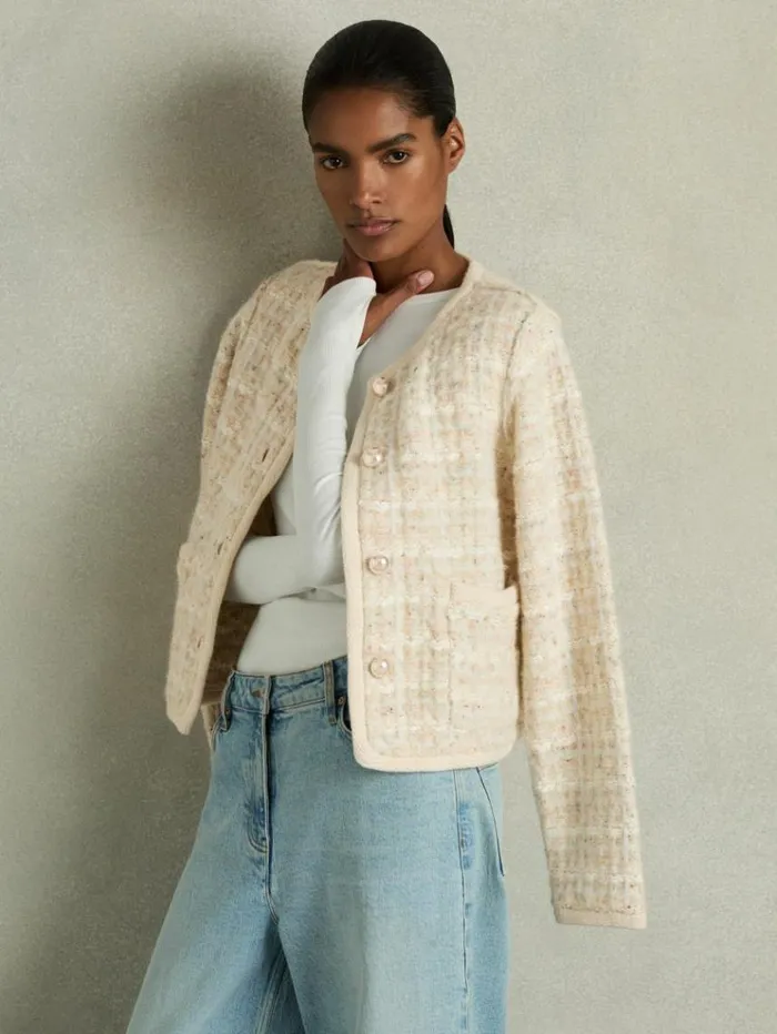 REISS Sweaters Women Tweed Effect Cardigan With Merino Light Pink