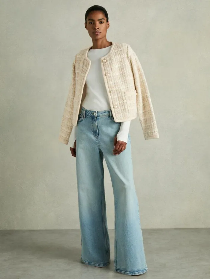 REISS Sweaters Women Tweed Effect Cardigan With Merino Light Pink