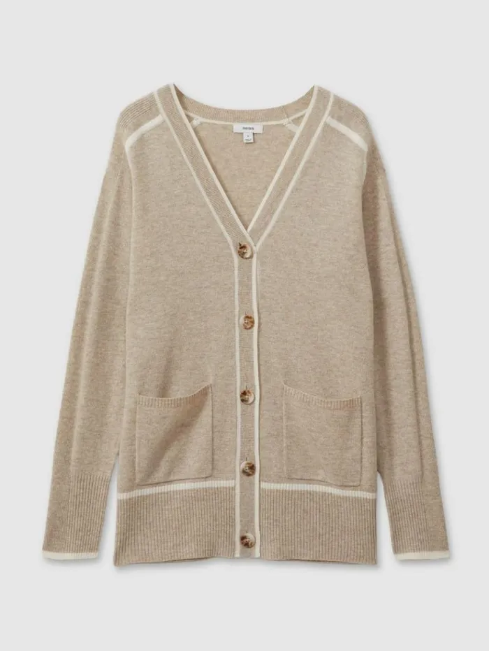 REISS Sweaters Women Wool Blend Contrast Tipped Cardigan With Cashmere Neutralwhite
