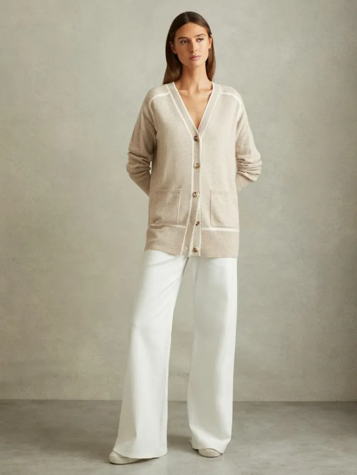 REISS Sweaters Women Wool Blend Contrast Tipped Cardigan With Cashmere Neutralwhite