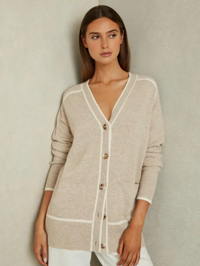 REISS Sweaters Women Wool Blend Contrast Tipped Cardigan With Cashmere Neutralwhite
