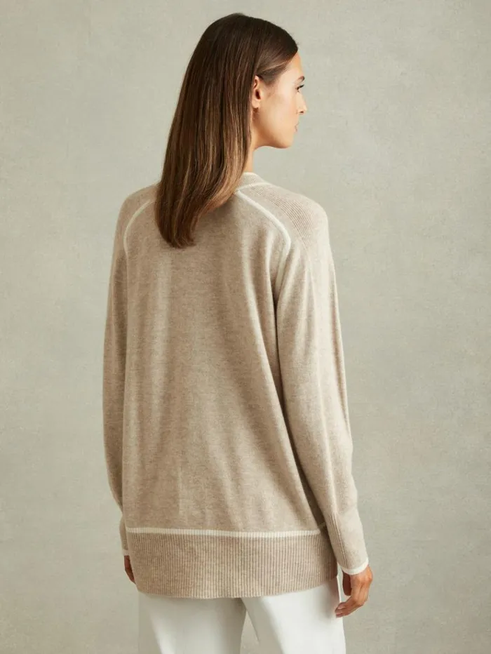 REISS Sweaters Women Wool Blend Contrast Tipped Cardigan With Cashmere Neutralwhite